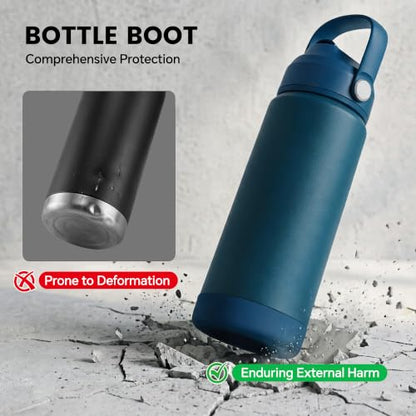 Fijinhom 24 oz Insulated Water Bottle with Straw Lid, Stainless Steel Water Bottles, Double Wall Vacuum, Portable Handle & Non-slip Bottom, BPA Free Leak Proof Metal Bottles, Keep Cold 24H, Dark Blue - color: Dark Blue, size: 24 Ounces
