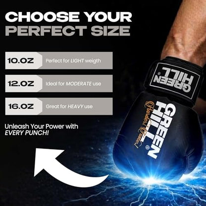 Green Hill Leather Boxing Gloves for Men & Women, Training Gloves - color: Black, size: 10 OZ
