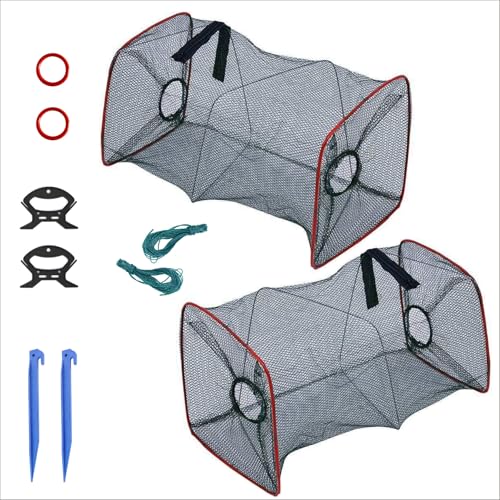 2 Pack Fishing net Trap Foldable Crawfish Bait Trap nets Shrimp Bait Trap Nets Minnow Trap Crab Trap Equipped with 19.7ft Nylon Rope Winding Board Floating Ring and Ground Plug