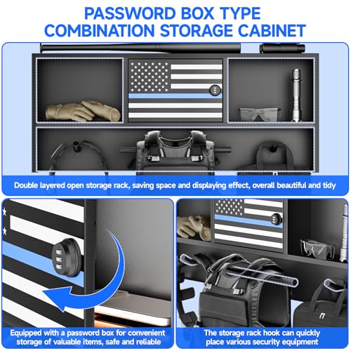 Police Gear Rack - Police Hanger with Hooks, Black Tactical Duty Gear Rack with Thin Blue Line Flag, Lock Safe, Vest Hanger & Belt Hook, Wall Mounted Body Armor Stand Organizer Rack