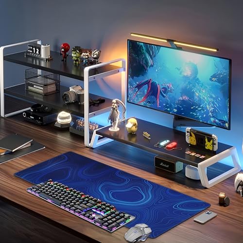 Abstract Topography Design Desk Mat,Large Dark Blue Topographic Line Art Gaming Keyboard Mouse Pad,Non-Slip Rubber Base Desk Pad Thick Stitched Edges Waterproof Mousepad Mouse Mat 31.5"x11.8" - color: Abstract Topography Design