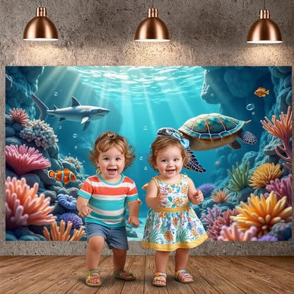 Under The Sea Backdrop Ocean Theme Party Decorations Marine Life Sea Turtle Shark Photography Background for Kids Boy Girl Birthday Baby Shower Photo Booth Props Blue Underwater Wall Banner Set