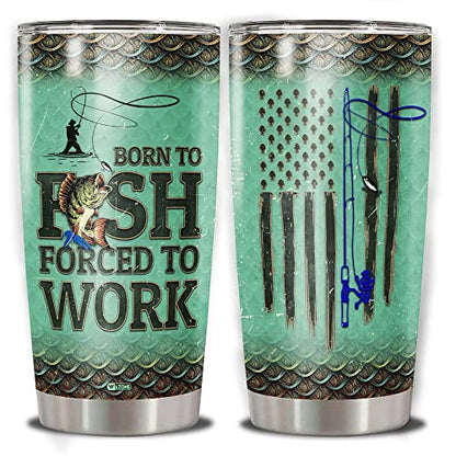 WAZONE Fishing Insulated Tumbler Cup 20oz American Flag Vacuum Travel Mug Stainless Steel Born To Fish Forced To Work Funny Gifts Birthday Presents Christmas for Dad Men Fisherman