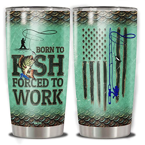 WAZONE Fishing Insulated Tumbler Cup 20oz American Flag Vacuum Travel Mug Stainless Steel Born To Fish Forced To Work Funny Gifts Birthday Presents Christmas for Dad Men Fisherman