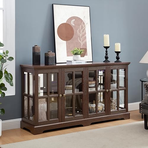Cherry Finish Antique Display Cabinet with LED Lights, 4 Glass Doors & Adjustable Shelves for Collectibles, Home or Office Showcase