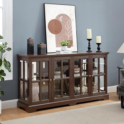 Cherry Finish Antique Display Cabinet with LED Lights, 4 Glass Doors & Adjustable Shelves for Collectibles, Home or Office Showcase