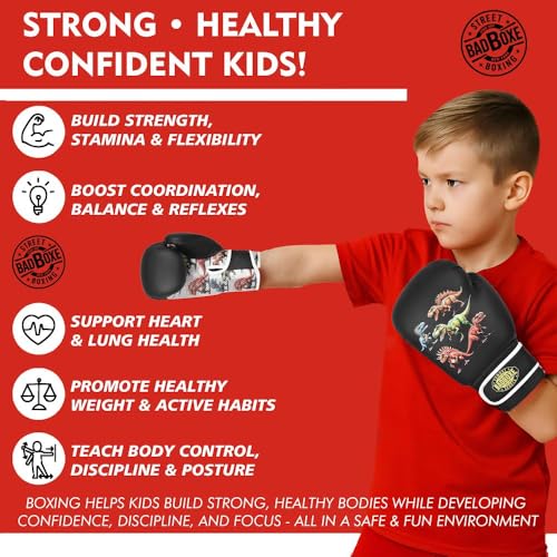 Kids Boxing Gloves 6oz | Boxing Gloves for Kickboxing Muay Thai MMA | Bag Gloves for Punching Bag - color: Dinosaur Black