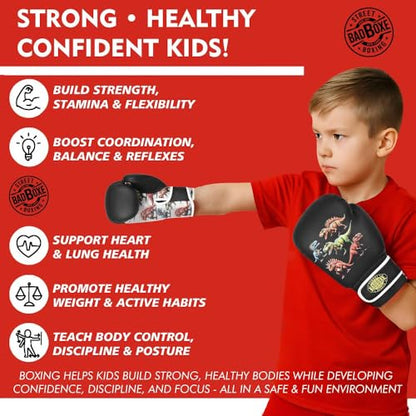 Kids Boxing Gloves 6oz | Boxing Gloves for Kickboxing Muay Thai MMA | Bag Gloves for Punching Bag - color: Dinosaur Black