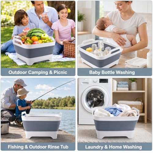 2.4 Gal(9L) Collapsible Dish Basin with Drain Plug, Space Saving Outdoor Multiuse Foldable Sink Tub, Dishpan, Kitchen Storage Tray for Camping, Vegetable Washing, RV (Gray) - color: Gray