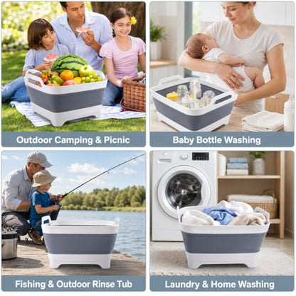 2.4 Gal(9L) Collapsible Dish Basin with Drain Plug, Space Saving Outdoor Multiuse Foldable Sink Tub, Dishpan, Kitchen Storage Tray for Camping, Vegetable Washing, RV (Gray) - color: Gray