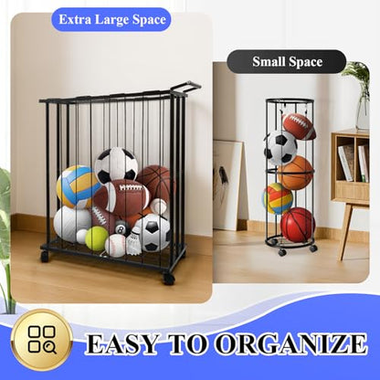Large Garage Ball Storage Rack with Wheels for Basketball & Soccer | Rolling ball organizer stores basketballs, soccer balls and sports gear; large-capacity rack moves easily around the garage. - size: Large size