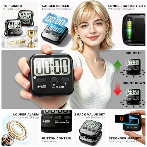 Antonki 2 Pack Digital Timer for Kids Classroom Kitchen Timers for Cooking - color: Rich Black *2