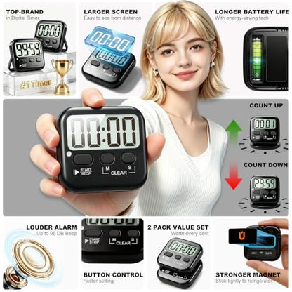 Antonki 2 Pack Digital Timer for Kids Classroom Kitchen Timers for Cooking - color: Rich Black *2