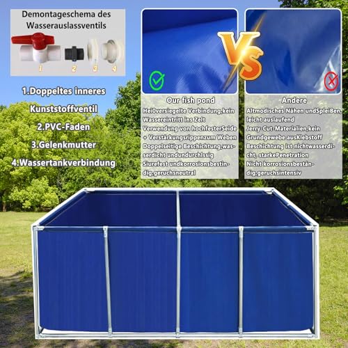 Large Outdoor Fish Holding Tank with Drain Valve, Canvas Fish Pond.Large Outdoor Fish Holding Tank Above Ground PVC Pool Pond for Koi & Turtles Durable Steel Frame Aquarium Liners Ideal for