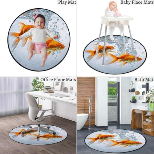 Aquarium Round Area Chair Mat for Hardwood Floors, Golden Carp Swivel Chair Protector, Protect The Floor from Scratches, Orange Gold White Diameter 43.3 in