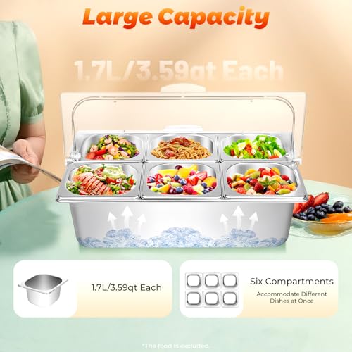 Countertop Ice Food Serving Display Tray, Buffet Cold Serving Cooler Platter with 90°Clear Roll Top Cover, 6 Pan Stainless Steel Food Serving Tray,Rubber Stoppers, Dual Use for Hot&Cold, Silvery