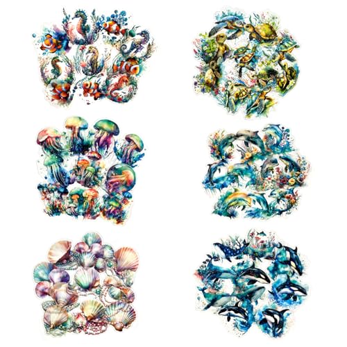 60Pcs Holographic Ocean Life Jellyfish Turtles Stickers - Sea Marine Animal Whales Dolphins Seahorses Stickers for Junk Journal,Scrapbooking Supplies,Planner