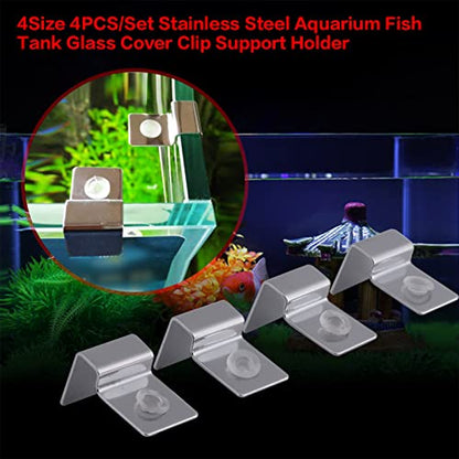 4PCS Aquarium Cover Clips, Adjustable Glass Lid Support Holders with Silicone Cushion, Stainless Steel Material, Fit 6/8/10/12mm Thickness Fish Tank Glass (8mm)