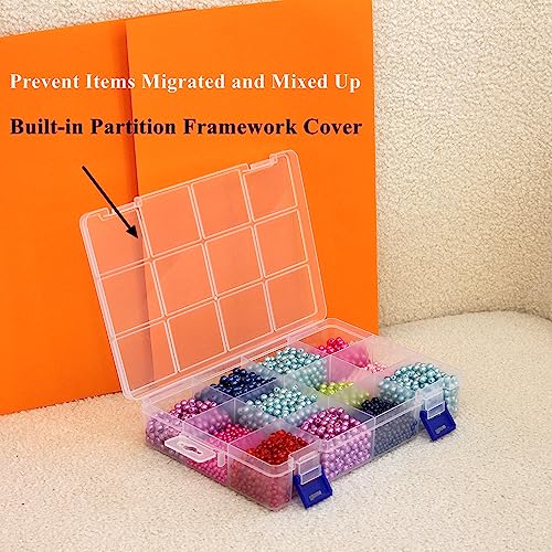 6 Pack Fixed 12 Grids Clear Plastic Storage Divider Box with Lid, Stackable Transparent Compartment Container Organizer Case for Seed Bead, Tiny Button, Small Parts, Art&Craft Supplies