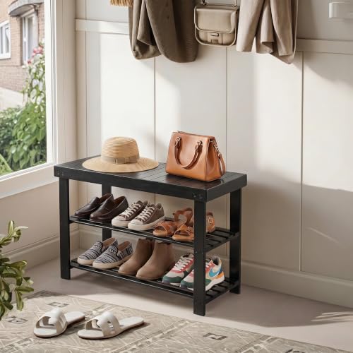 Bamboo Shoe Bench, 3-Tier Shoe Organizer Holds Up to 286 lb, Entryway Bench with Shoe Storage Suitable for Closet & Living Room, 11.22 x 27.56 x 17.91, Sleek Black - color: Sleek Black
