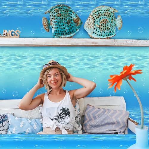 54 Inch x 100 Ft Ocean Waves Plastic Tablecloth Roll in Slide Cutter Box Under the Sea Table Cover Blue Water Print Backdrop Bulletin Board Plastic Roll for Beach Pool Birthday Party Decor