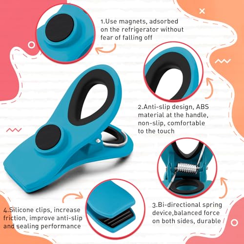 FINDMAG 12 Pack Chip Clips, Big Food Clips Blue Magnetic Clip, RV Accessories, Magnetic Bag Clip with Airtight Seal for Chips, Bread, Snacks, Fridge Organize, Kitchen Storage, Note