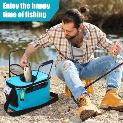 2 Pcs Fishing Bucket and Live Bait Aerator, Foldable Multi Functional Live Bucket Portable Quiet Aerator Outdoor Camping Fishing EVA Bag