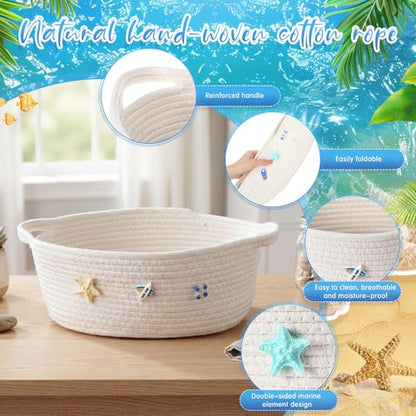 Boho Coastal Toilet Paper Storage Basket, Cute 3D Starfish Ocean Decor Cotton Rope Bathroom Storage Basket, Beach Bathroom Organizer Bin for Toilet Tank Counter Shelf Nursery, 12 x 8 x 5 Inch