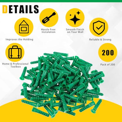 200 Pcs #12-14-16 x 1-1/2 Inch Ribbed Lightweight Plastic Anchors Drywall Anchors for Hollow Walls Pictures Artwork Decor Light Duty Anchoring Application (Green)