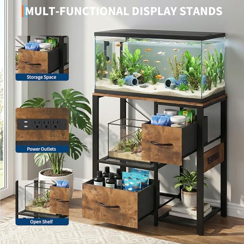 Garvee 20-29 Gallon Fish Tank Stand with Power Outlets, Heavy Duty Metal and Wood Aquarium Stand with 4-Tier Open Storage Shelves and Sturdy Legs - color: Brown, size: 31.5
