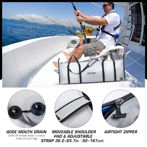 Goture Insulated Fish Cooler Bag, 840D TPU Leakproof Fish Kill Bag with Airtight Zipper, Large Waterproof Fishing Cooler Bag with Carry Handle, Drain Plug, Keep Ice Cold All Day, 59.8inx20in