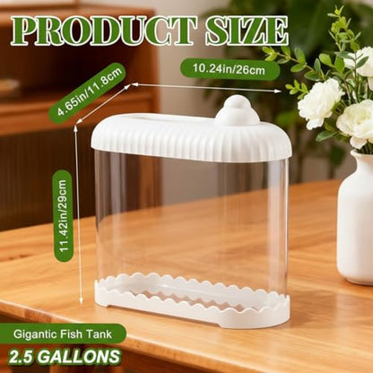 White 2 Gallon Plastic Aquaponic Betta Fish Tank Large Bowl Shatterproof Small Ecosystem Aquarium with Secure Buckle Lid, Clear Clarity for Terrarium, Flower Vase Betta Fish Tabletop Gifts - color: White