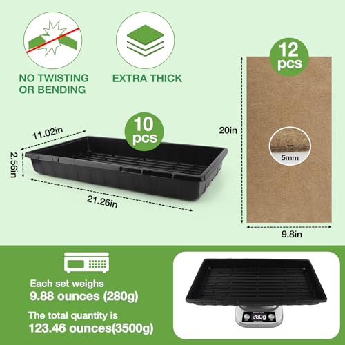 10 Pack 1020 Seed Starting Trays with 12 Hemp Grow Mats - Extra Thick Microgreens Growing Kit, 21 x 11 x 2.5 Inch Plant Trays with Hydroponic Grow Pads for Wheatgrass, Sprouts, Organic Gardening - size: 20in-10P with 12 Mats