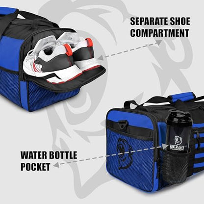 Gym Duffle Bag- Workout, Boxing, MMA, Sports Bag with Shoes Compartment and Adjustable Shoulder Strap for Men and Women (Blue/Black) - color: Blue/Black