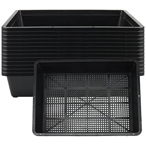 14 Pack 15 x 12 Inch Seed Starter Trays, Plastic Garden Mesh Bottom Plant Germination Trays, Black Growing Tray for Seedling, Microgreen, Soil Blocks, Wheatgrass, Hydroponic and Fodder Systems