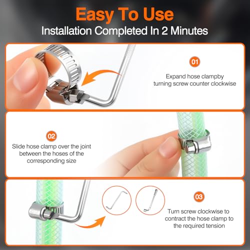 202PCS 304 Stainless Steel Hose Clamp Kit, 8 Sizes from 1/4" to 2" (6-51mm) Adjustable Worm Gear Clamps with Socket Wrench & Screwdriver, Automotive Fuel Line Water Pipe Clamps Assortment Set