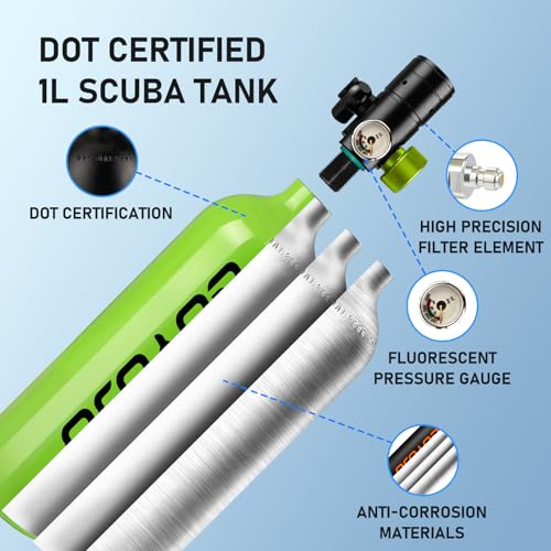 GOYOJO Mini Scuba Tank, Portable Diving Lung Air Tank with DOT Certified, Refillable Emergency Backup Pony Bottle for Snorkeling, Underwater Breathing, Training - color: 1L Obsidian Green