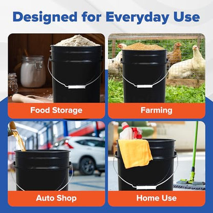 5 Gallon Bucket - Food Grade Bucket, Metal Handle Grip, BPA-Free, Heavy-Duty 90 Mil HDPE Plastic Pail, Stackable Utility Container, Made in USA, Lid Not Included, Black, 60 Packs - color: Black, size: 60 Packs