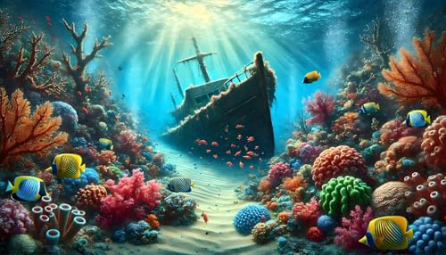 Undersea Shipwreck Aquarium Background Underwater World Coral Fish Tank Background 30x18 Inches PVC Glass Container Decoration with Tapes - color: Shipwreck, size: 30'x18"/75x45cm