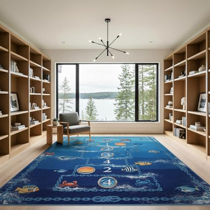 9'x12' Washable Graphic Fish Oversized Rug, Blue Non-Shedding Pet Friendly Carpet Foldable Easy Care Mat for Master Suite, California King, Under Bed | Ref:2049617