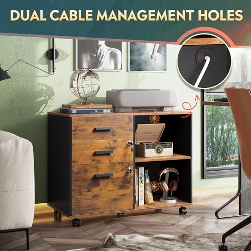 DEVAISE 3-Drawer Wood File Cabinet with Lock, Mobile Lateral Filing Cabinet, Printer Stand with Open Storage Shelves for Home Office, Rustic Brown - color: Rustic Brown