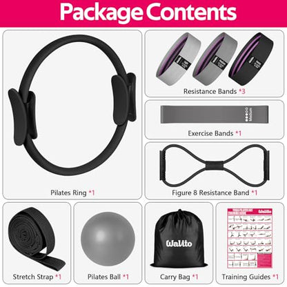 WALITO Home Pilates Kit for Women,Pilates Ring Set with Magic Circle,Resistance Bands,Figure 8 Workout Bands,Mini Ball, Compact Toning Fitness Essentials Starter Set Accessories Gift - color: BLACK SET