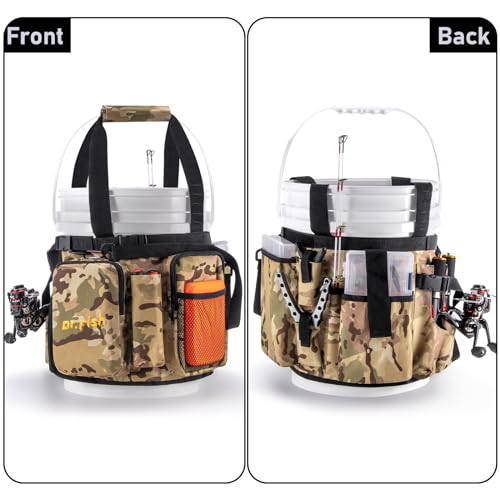 Dr.Fish 5 Gallon Bucket Tool Organizer - Adjustable Gear Bag with 6 Pockets and 2 Rod Holders for Ice Fishing Tackle Storage