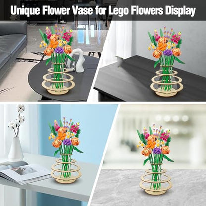 Wooden Vase for Lego Flowers - Floating Rings Vase for Lego Flower Bouquet Building Set - Display Stand for Lego Roses Cherry Blossom Sunflower Tulips Daffodils Lotus