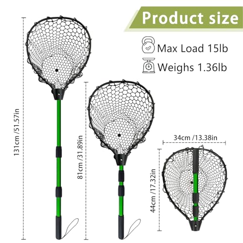 Telescoping Metal Lock Fishing Net with Handle Red Green 64" 52" Rubber Fish Net - Adjustable Length Lightweight Foldable Large Big Collapsible Extendable Fishing Net - color: black with green handle(3-section pole)