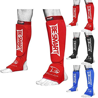 BS Shin Instep Pads MMA Leg Foot Guards Muay Thai Kick Boxing Guard Protector - color: Red, size: Medium