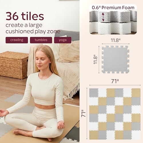 Puzzle Play Mat for Floor (White, Tan & Gray, 36 Tiles (71x71 in), Cross)