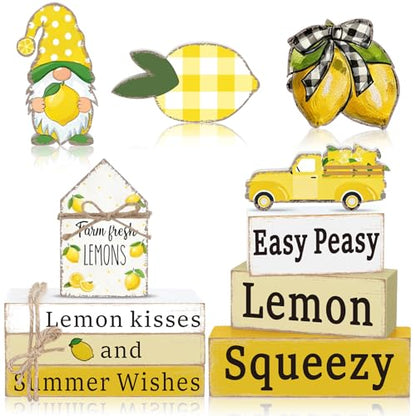 11 Pcs Lemon Table Decorations Set Lemon Tiered Tray Decor Summer Wooden Top Farmhouse Rustic Wooden Coffee Table Centerpieces for Home Kitchen Office Decorations - style: Lemon