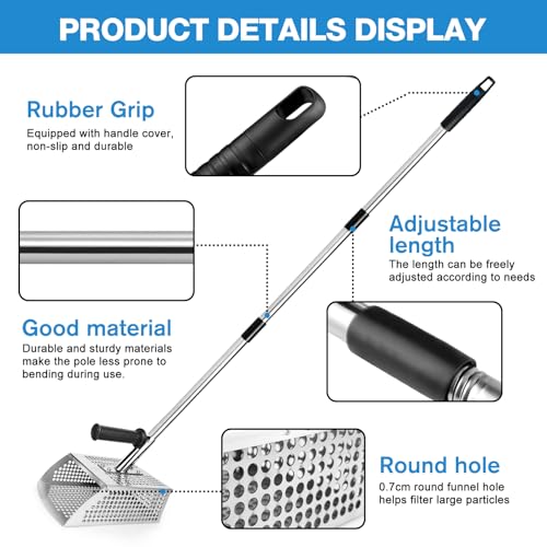 Sand Scoop for Metal Detecting - Metal Detector Sand Flea Rake for Beach with Anti Slip Handle Heavy Duty Stainless Steel Sand Sifter Shovel with Long Handle Ideal for Underwater Treasure Hunting