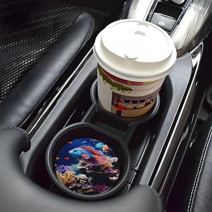 Coral Reef Fish Aquarium Ceramic Car Coasters 2 Pack 2.56 in, Absorbent Insert Cupholder Coaster Car Cup Holder Mat with Finger Notch Non-Slip Cork Base Reusable Drink Coasters